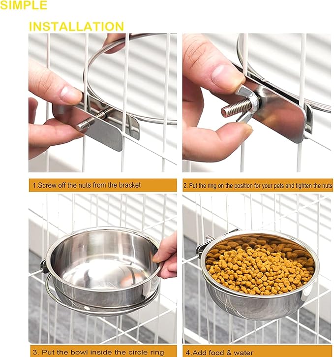 2 Pack Silver Stainless Steel Pet Bowls Anti-Spill Metal Feeder Food and Water Feeding Bowl, Hanging Cage Pet Crate Bowl for Puppy Kennel Medium Large Pets (Silver,L (7.1x2.6'' & 6.2x2.3''))