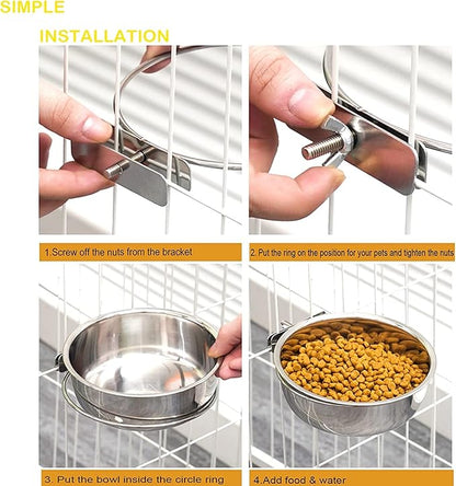 2 Pack Silver Stainless Steel Pet Bowls Anti-Spill Metal Feeder Food and Water Feeding Bowl, Hanging Cage Pet Crate Bowl for Puppy Kennel Medium Large Pets (Silver,L (7.1x2.6'' & 6.2x2.3''))