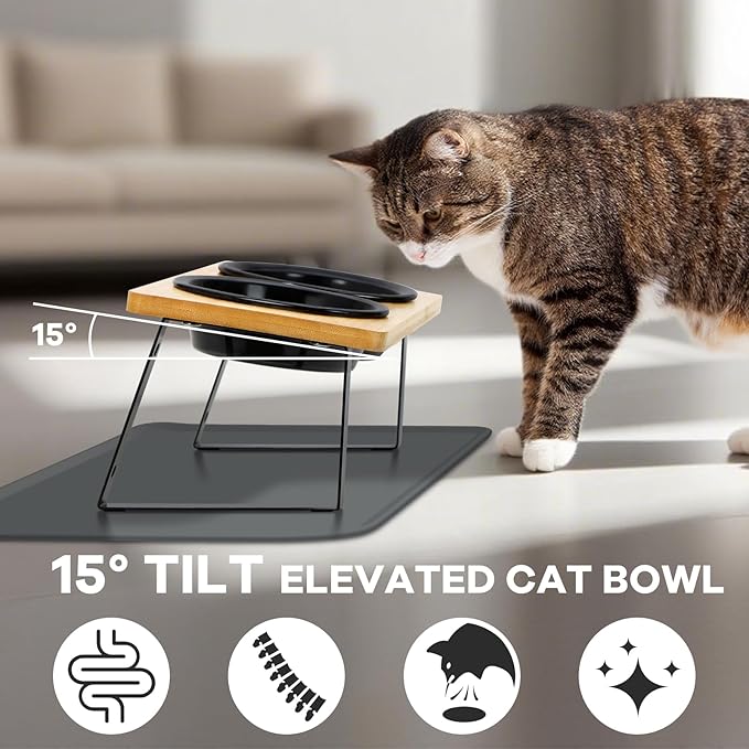 LEAWALK Upgraded Adjustable Height Cat Food Bowls Stand Ceramic Dog Bowls and Slow Feeder Cat Bowl, 15°Tilted Stand Anti Vomiting Raised for Small and Medium Sized Cats Dogs (Black (2 Bowl+Pet mat))