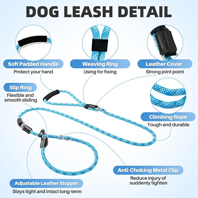 SlowTon Slip Lead Dog Leash, Adjustable 5-7 FT, 1/2” Rope, Heavy Duty Nylon Leashes with Padded Handle & Highly Reflective Threads, No Pull Training Leash for Medium Large Dogs 20-120lb (Light Blue,L)