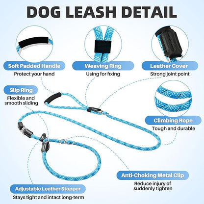SlowTon Slip Lead Dog Leash, Adjustable 5-7 FT, 1/2” Rope, Heavy Duty Nylon Leashes with Padded Handle & Highly Reflective Threads, No Pull Training Leash for Medium Large Dogs 20-120lb (Light Blue,L)