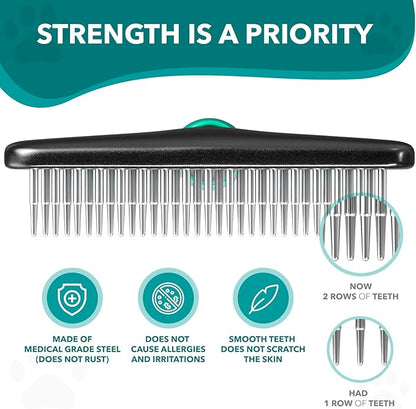 DOGI Deshedding Brush Comb - Undercoat Rake for Dogs, Cats, Short, Long Hair Coats - Double Row Stainless Steel Pins - Reduce Shedding by 90% (Green)