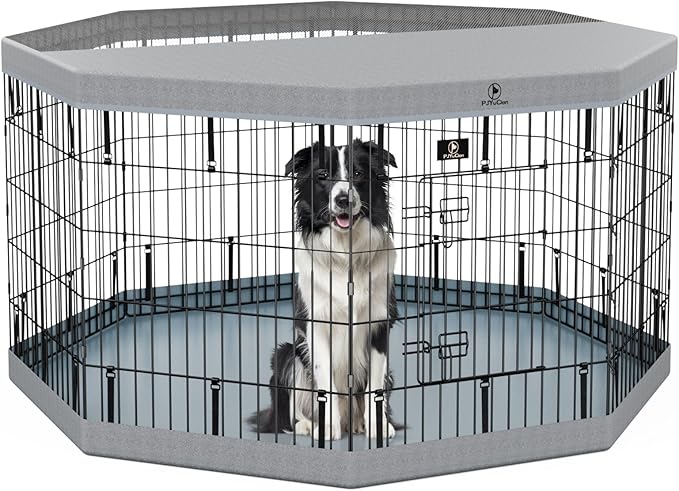 PJYuCien Dog Playpen with Top Cover and Bottom Pad - Metal Foldable Exercise Pen, 8 Panels 30" H x 24" W Indoor Outdoor Pet Fence Puppy Crate Kennel, Gray