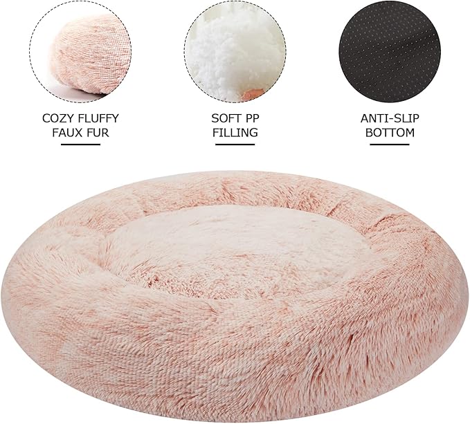 Bedfolks Calming Donut Dog Bed, 30 Inches Round Fluffy Dog Beds for Medium Dogs, Anti-Anxiety Plush Dog Bed, Machine Washable Pet Bed (Pink, Medium)