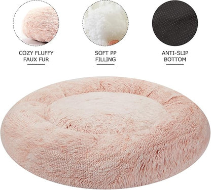 Bedfolks Calming Donut Dog Bed, 30 Inches Round Fluffy Dog Beds for Medium Dogs, Anti-Anxiety Plush Dog Bed, Machine Washable Pet Bed (Pink, Medium)