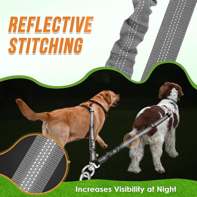 AUTOWT Double Dog Leash, No Tangle 360°Swivel Rotation Reflective Lead Attachment Adjustable Length Dual Two Dogs Lead Splitter, Comfortable Shock Absorbing Walking Training for 2 Dogs