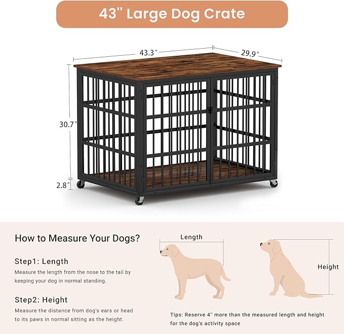 Aoowow Dog Crate Furniture for Small Medium Dogs, 43.3" Dog Kennel Indoor End Table with Side Doors, Iron Heavy Duty Dog Cage with Wheels, Rustic Brown