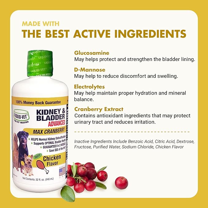 Premium Easy to Dose Liquid for All Dogs with Cranberry & D-Mannose: Comprehensive Dog Formula for Kidney & Bladder Support