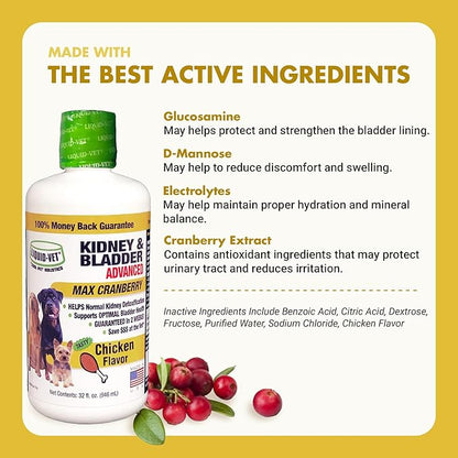 Premium Easy to Dose Liquid for All Dogs with Cranberry & D-Mannose: Comprehensive Dog Formula for Kidney & Bladder Support