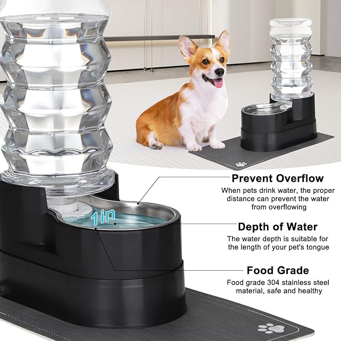 RIZZARI Large Water Dispenser for Dogs: 8L Black Raised Gravity Auto-Refill Waterer with Stainless Steel Bowl - Leak-Resistant & Easy Cleaning - Less Bending for Senior Dogs - Garage & Garden