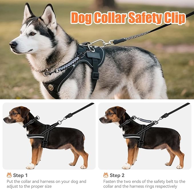 Dog Collar Safety Clip, Collar Companion, Handmade Backup Safety Strap, Double-Ended Clip Leash Connector, Suitable for Dog Harnesses, Prong, Pinch Collars (Black,Silver Gray, 1 Pack)