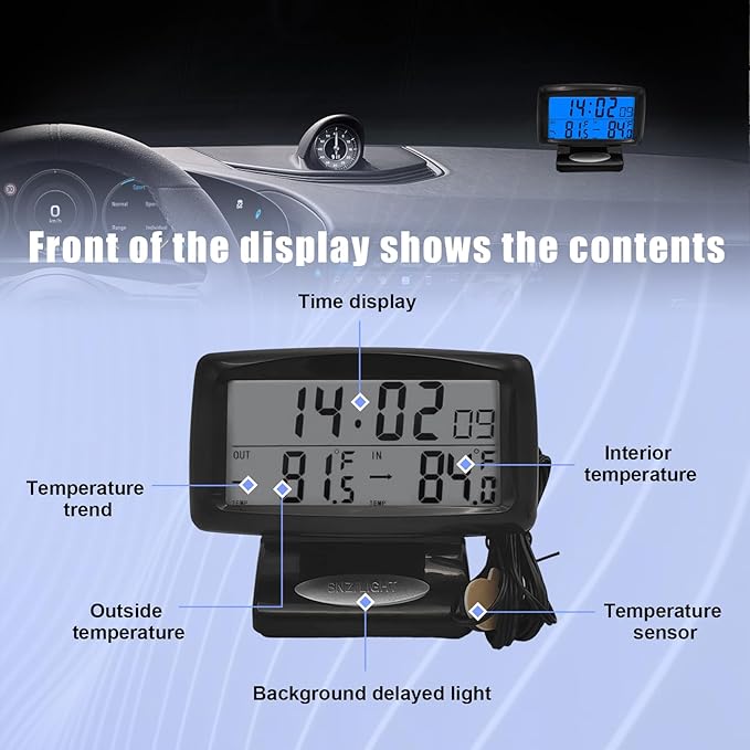 KVAEY Car Digital Thermometer Clock, Dashboard Luminous Thermometer Date Clock with LCD Backlight Display, Vehicle Indoor Outdoor Multifunctional 2 in 1 Dual Fahrenheit Date Clock