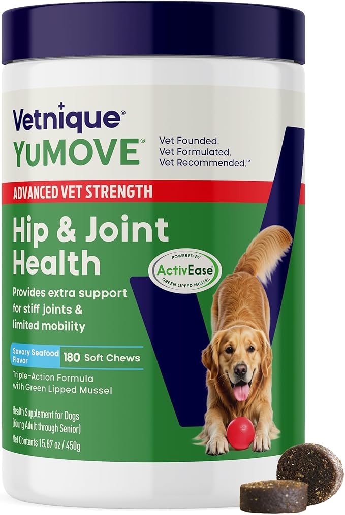 YuMOVE Hip & Joint Supplement for Dogs with Glucosamine, Hyaluronic Acid, Green Lipped Mussel & Omega 3 Joint Supplement - Regular or Advanced Strength (180ct Chews, Advanced Strength)