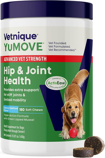 YuMOVE Hip & Joint Supplement for Dogs with Glucosamine, Hyaluronic Acid, Green Lipped Mussel & Omega 3 Joint Supplement - Regular or Advanced Strength (180ct Chews, Advanced Strength)