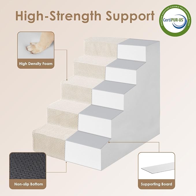 EHEYCIGA Dog Stairs for High Bed 25" H, 5-Step Extra Wide Dog Steps for Bed, Pet Steps for Small Dogs and Cats, Non-Slip Balanced Pet Ramp Indoor, Beige