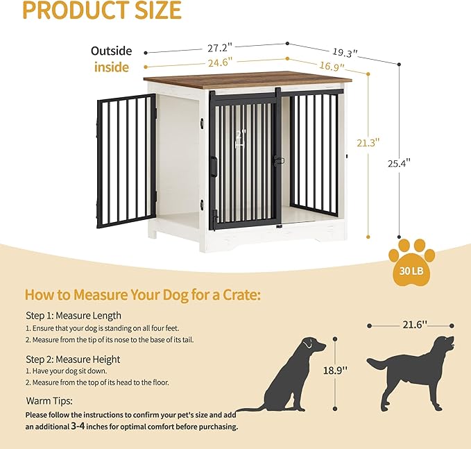 Hzuaneri 27.2" Dog Crate Furniture with Barn Door, Heavy Duty Dog Kennel Indoor with 2 Doors, Wooden Pet Cage End Table for Small Medium Dogs up to 22 lb, Anti-Chew Anti-Escape, White Brown DFC84314B