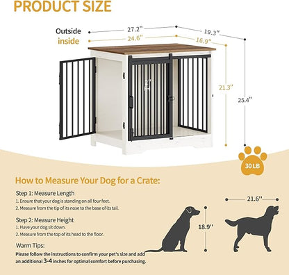 Hzuaneri 27.2" Dog Crate Furniture with Barn Door, Heavy Duty Dog Kennel Indoor with 2 Doors, Wooden Pet Cage End Table for Small Medium Dogs up to 22 lb, Anti-Chew Anti-Escape, White Brown DFC84314B