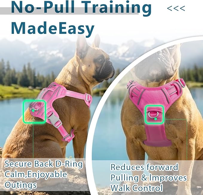 BARKBAY Dog Harness No Pull with ID Tag Pocket - Heavy Duty, Reflective, Easy Control for Large Dogs(Pink,L)