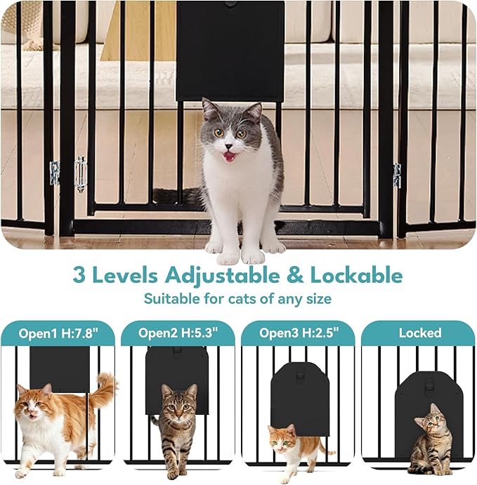 No Pawblems Dog Gate with Cat Door, Free Standing 30'' Tall Foldable Dog Fence for Indoor & Outdoor, Up to 156 Inch Extra Wide Puppy Gate for Stairs, Hallways, Doorways, Deck, Yard (Black, 6 Panels)