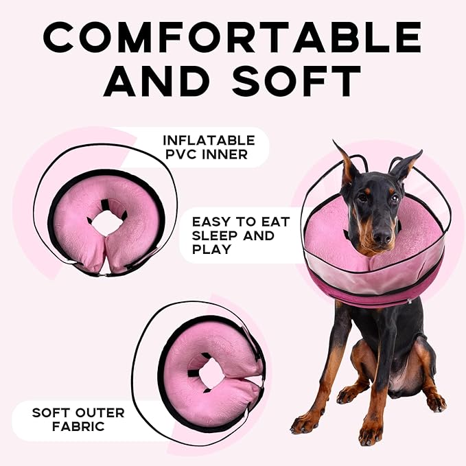 Inflatable Dog Cone Collar-Enhanced Anti-Licking Protective Cone with Adjustable Strap-Soft Dog Donut Collar Recovery Cone for Pets After Surgery(Pink, L)