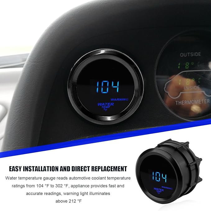 2" 52mm Water Temperature Gauge, 104-302℉ Water Temp Thermometer Meter Kit with Sensor Adapter, DC12V LED Display Fahrenheit & Celsius Temp Gauge for Car Truck RV Marine Boat