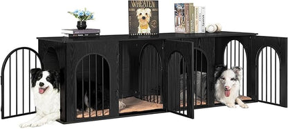 Hzuaneri 71" Dog Crate Furniture for 2 Dogs, Heavy Duty Indoor Dog Kennel TV Stand, XL Wooden Dog Cage with Divider for Medium Large Dogs, End Table Dog Crate with Cushion, Black DFC81904B