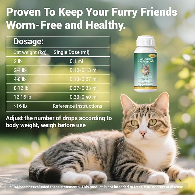 Broad Spectrum for Dewormer Cats – Pyrantel Pamoate Cat Dewormer Liquid for All Wormers for Tapeworms, Roundworms & Hookworms, 120 mL (4.2 fl oz)