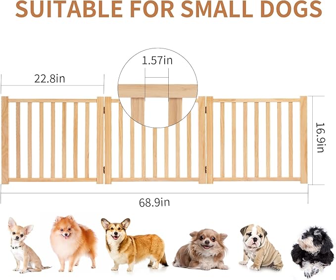 YOCAN Paint-Free Wooden Freestanding Dog Gates for The House,Doorways, Stairs,Wood Dog Fences Indoor Pet Gate,Step Over Fence-3 Panels L:69" H:16.9"