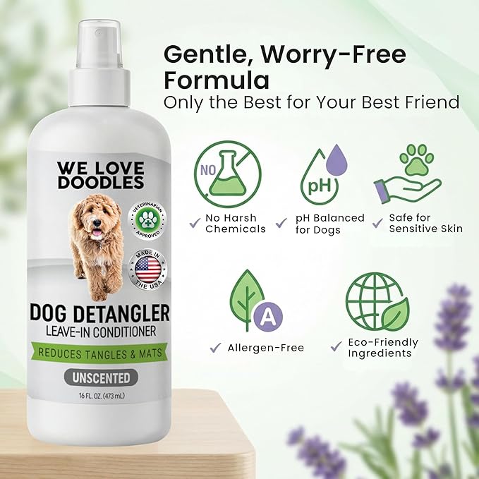 We Love Doodles Dog Detangler Spray - Leave-in Conditioner for Dogs - Dog Detangling Spray - Dematting Spray for Dogs - Tangle Remover - Made in The USA (Hypoallergenic Unscented)