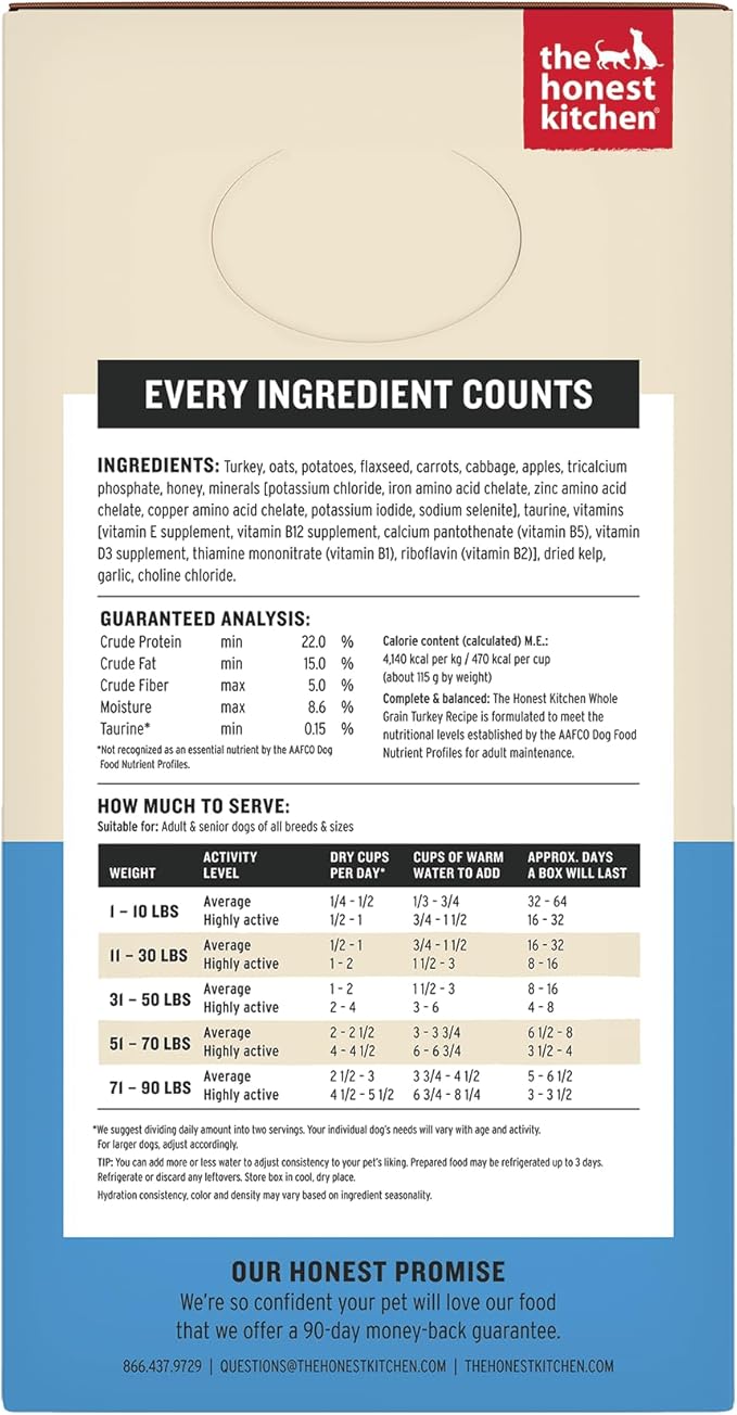 The Honest Kitchen Human Grade Wholemade™ Dehydrated Dog Food, Whole Grain Turkey Dog Food, 4 lb (Makes 16lbs)