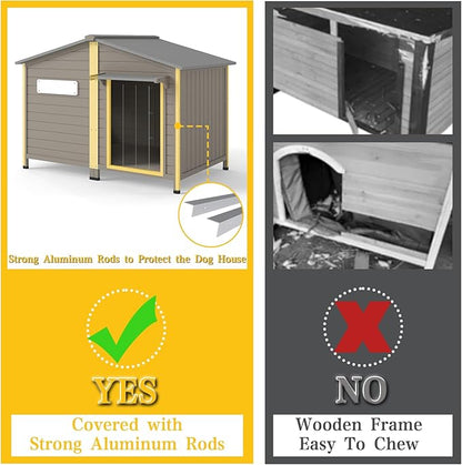 PetsCosset 55.1" L Large Dog House Outdoor & Indoor,Fir Wood Dog Kennel with Weatherproof Openable Asphalt Roof,Spacious Doghouse with Anti-Chewing Metal Edges for Small & Medium & Large Dogs,Grey