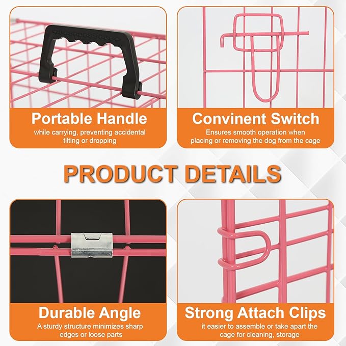 Dog Crate Dog Cage Dog Kennel Outdoor Metal Wire Double-Door Folding Pet Animal Pet Cage for Small Dog 30 inches with Double Door&Leak-Proof Pan Tray,Pink