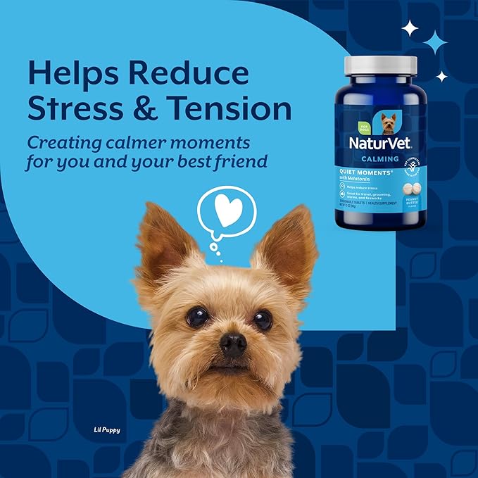 NaturVet Quiet Moments Calming Aid Melatonin Dog Supplement - Helps Reduce Stress in Dogs - for Pet Storm Anxiety, Motion Sickness, Grooming, Separation, Travel - 30 Ct. Tablets