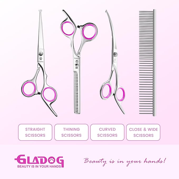 GLADOG Professional 5 in 1 Dog & Cat Grooming Scissors Set with Safety Round Tips, Sharp and Heavy-duty Pet Grooming Shears for Cats (Red)
