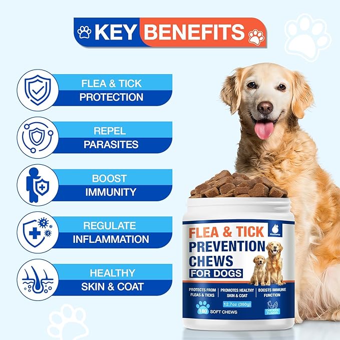 180 Cts, Flea and Tick Prevention for Dogs Chewables, Oral Flea Pills for Dogs Puppy, Natural Dog Flea and Tick Treatment, Skin & Coat Support Supplement, Soft Chews