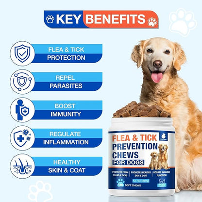 180 Cts, Flea and Tick Prevention for Dogs Chewables, Oral Flea Pills for Dogs Puppy, Natural Dog Flea and Tick Treatment, Skin & Coat Support Supplement, Soft Chews