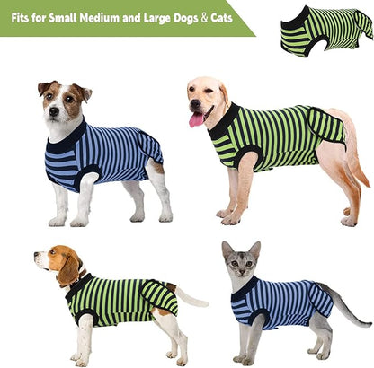 2 Packs Breathable Cotton Dog Recovery Suit for After Neuter Spay Abdominal Wounds Protector, Professional Anti-Licking Onesies for Male Female Pets Surgery Bandages, L Blue & Green Stripes