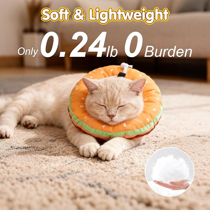 BEAUTYZOO Cat Cone Collars Soft, Cat Recovery E Collars After Surgery to Stop Licking, Adjustable Elizabeth Circle Collar Cute Pet Donut Pillow for Cats Kitten Small Dogs, Hamburger S