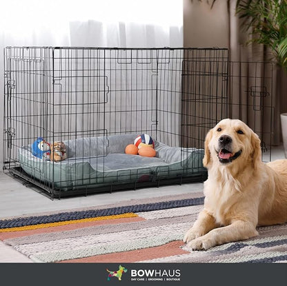 BOWHAUS Dog Crate, Metal Wire Kennel w/Divider Panel, Leak-Proof Pan, 48’’, Double Door, Large Dog Crate Indoor, Foldable & Portable