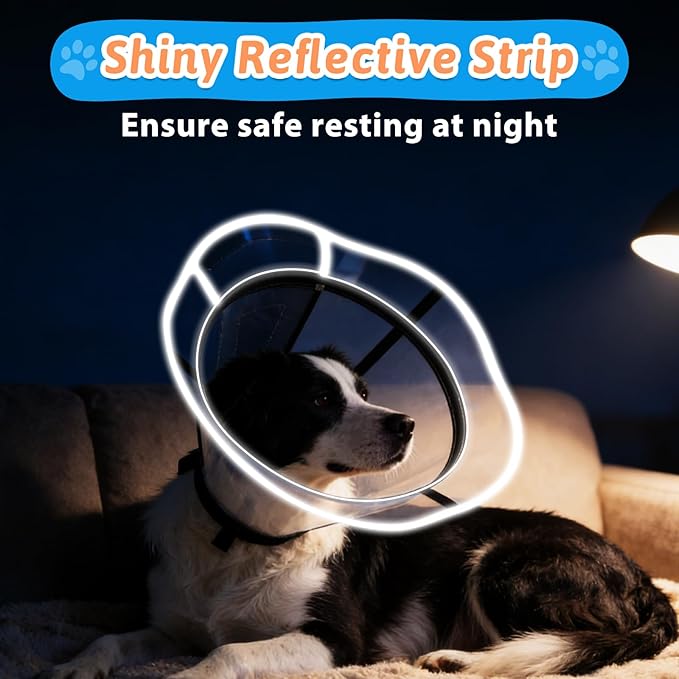 Extended Dog Cone to Stop Licking, Adjustable Depth, Transparent Recovery Collar for Large Medium Dogs, Soft E-Collar After Surgery Neuter with Reflective Strip for Night Visibility XL