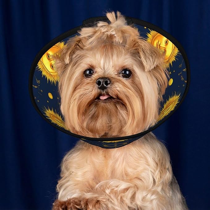 Soft Cat Cone Collar, Meet 998 Boho Chic Art Golden Sun Moon and Stars Over Blue Black Sky, Adjustable, Protective, After Surgery Recovery