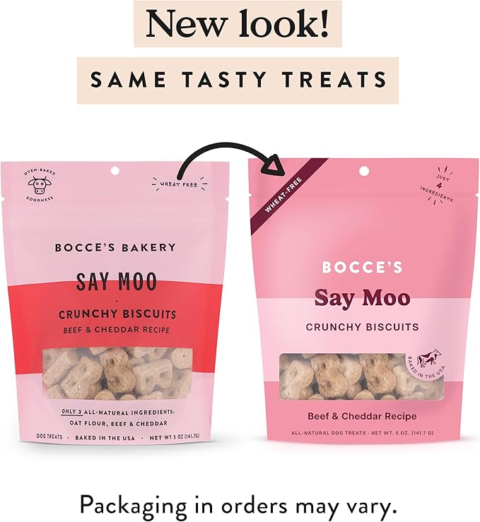 Bocce's Bakery Oven Baked Say Moo Treats for Dogs, Everyday Wheat-Free Dog Treats, Made with Real Ingredients, Baked in The USA, All-Natural Beef & Cheddar Biscuits, 5 oz