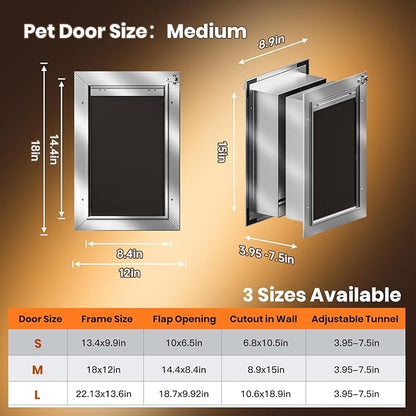 Dog Door for Wall, Medium Doggy Door, Heavy Duty Cat Pet Door, All Aluminum Frame, 2 Magnetic Flaps, Energy Efficient, Sliding Lock Panel, Easy to Install (Pets Up to 45 LB)