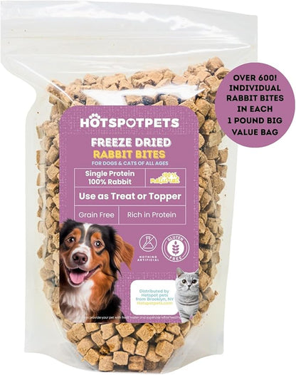 hotspot pets Freeze Dried Rabbit Treats for Dogs & Cats, USA Made - 1LB Bag 600+ Pcs, Single Ingredient Rabbit Bites - High Protein, Training Reward & Food Topper - Grain Free, Low Calorie Snack