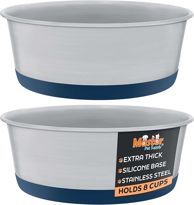Master Pet Supply Stainless Steel Dog Bowls Set of 2 with Extra Thick Silicone Base - 8 Cup (64 oz) Navy Blue, Non-Slip, Dishwasher Safe Metal Bowls, Pet Dog Food Bowl for Dogs, Cats, Anti Rust