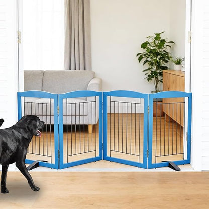 ZJSF Freestanding Dog Fence Indoor, Foldable Dog Gate for Doorways, Stairs or Hallways, Sturdy Wood Extra Wide Pet Gate with Support Feet for The House, Blue, 24 "Height-4 Panels