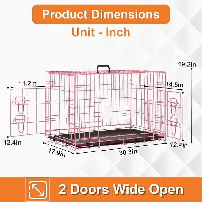 Dog Crate Dog Cage Dog Kennel Outdoor Metal Wire Double-Door Folding Pet Animal Pet Cage for Small Dog 30 inches with Double Door&Leak-Proof Pan Tray,Pink