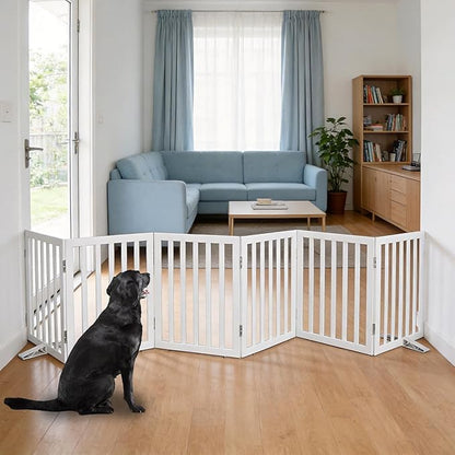 ZJSF Freestanding Indoor Dog Gate for House Foldable Wood White Puppy Gate for Doorways Pet Gate for Stairs Extra Wide Pet Fence 24" Height 6 Panels
