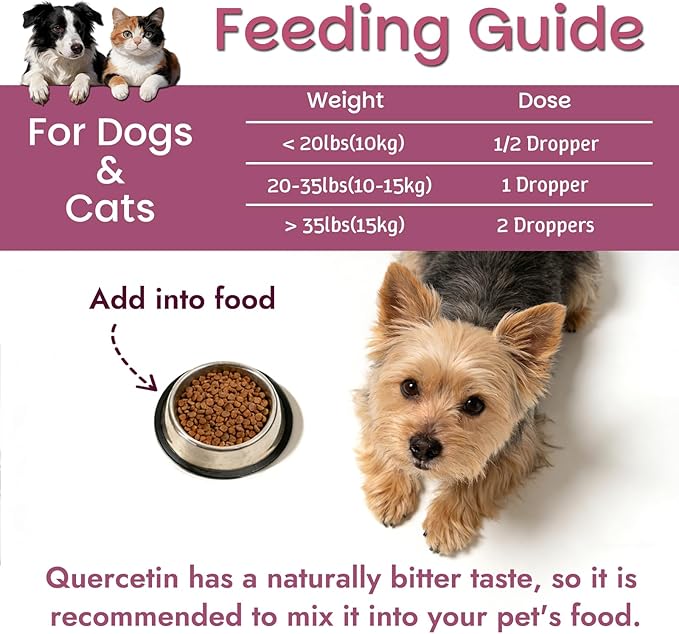 Pet Quercetin Curcumin Allergy Relief Drops, for Dogs & Cats Seasonal/Environmental Allergies & Pollen/Grass Allergies: Itchy Skin, Red Ears, Swollen Eyes, Cough & Sneezing, Scratching & Licking Paws