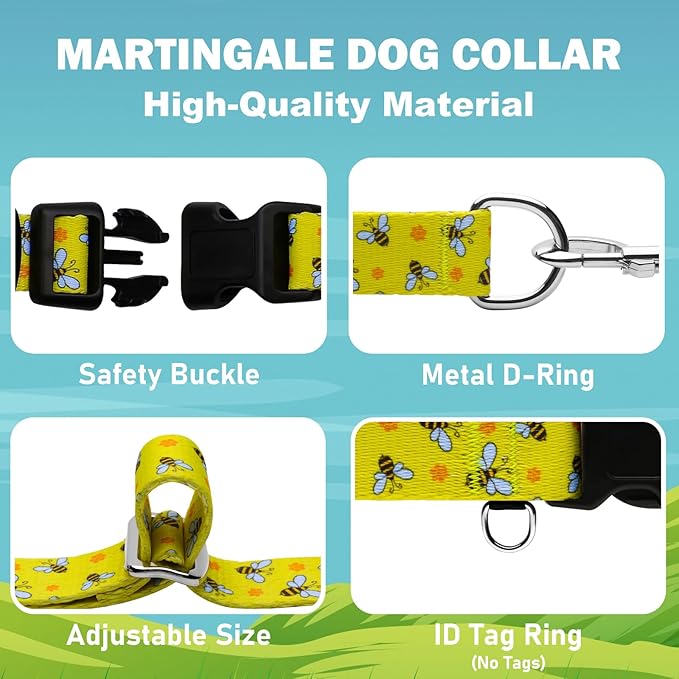 Martingale Collar for Dogs with Buckle No Pull Adjustable Nylon Limited Slip Training Dog Collars (Yellow Bee, Medium)